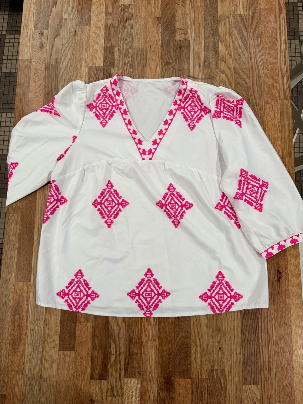 Embroidered V‑Neck Peasant Top - White with Pink Embroidery